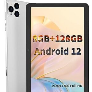 VNEIMQN 10 inch Tablet, Android 12 Tablet, 10.1”, 1080p Full HD, 8GB RAM/128GB ROM/8-Core CPU, 1TB Expand, 8000mAh, 5MP front/13MP Back Camera, WiFi 6, GPS, 1920 * 1200 Display, Bluetooth 5.0