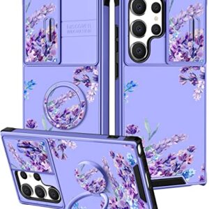 Goocrux (2in1 for Samsung Galaxy S23 Ultra Case Floral Flowers for Women Girls Girly Phone Cover Cute Lavender Flower Design with Slide Camera Cover+Ring Holder Purple Cases for S23 Ultra 5G 6.8''