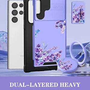 Goocrux (2in1 for Samsung Galaxy S23 Ultra Case Floral Flowers for Women Girls Girly Phone Cover Cute Lavender Flower Design with Slide Camera Cover+Ring Holder Purple Cases for S23 Ultra 5G 6.8''