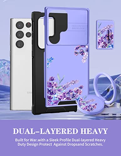 Goocrux (2in1 for Samsung Galaxy S23 Ultra Case Floral Flowers for Women Girls Girly Phone Cover Cute Lavender Flower Design with Slide Camera Cover+Ring Holder Purple Cases for S23 Ultra 5G 6.8''