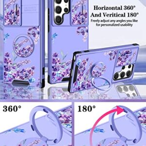 Goocrux (2in1 for Samsung Galaxy S23 Ultra Case Floral Flowers for Women Girls Girly Phone Cover Cute Lavender Flower Design with Slide Camera Cover+Ring Holder Purple Cases for S23 Ultra 5G 6.8''