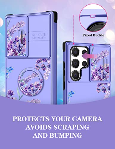 Goocrux (2in1 for Samsung Galaxy S23 Ultra Case Floral Flowers for Women Girls Girly Phone Cover Cute Lavender Flower Design with Slide Camera Cover+Ring Holder Purple Cases for S23 Ultra 5G 6.8''