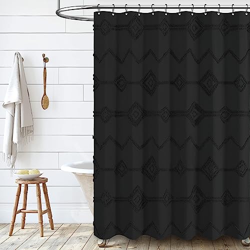 Dynamene Black Fabric Shower Curtain, Boho Farmhouse Textured Tufted Geometric Striped Shower Curtains for Bathroom, Wrinkle Free, Shabby Chic Waterproof Cloth Shower Curtain Set with Hooks, 72x72