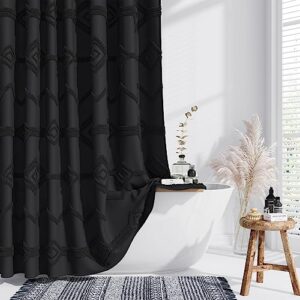 dynamene black fabric shower curtain, boho farmhouse textured tufted geometric striped shower curtains for bathroom, wrinkle free, shabby chic waterproof cloth shower curtain set with hooks, 72x72
