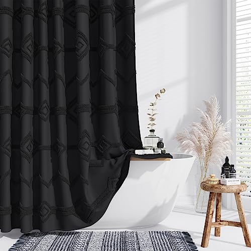 Dynamene Black Fabric Shower Curtain, Boho Farmhouse Textured Tufted Geometric Striped Shower Curtains for Bathroom, Wrinkle Free, Shabby Chic Waterproof Cloth Shower Curtain Set with Hooks, 72x72