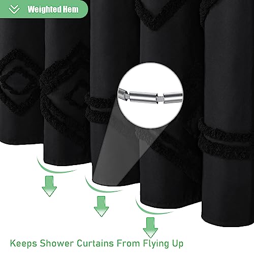 Dynamene Black Fabric Shower Curtain, Boho Farmhouse Textured Tufted Geometric Striped Shower Curtains for Bathroom, Wrinkle Free, Shabby Chic Waterproof Cloth Shower Curtain Set with Hooks, 72x72