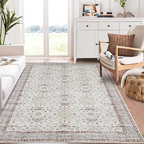 GlowSol Large Area Rug 8x10 Distressed Persian Rug Boho Floral Area Rug Vintage Indoor Throw Carpet Low Pile Thin Soft Rug for Living Room Bedroom Nursery Home Office