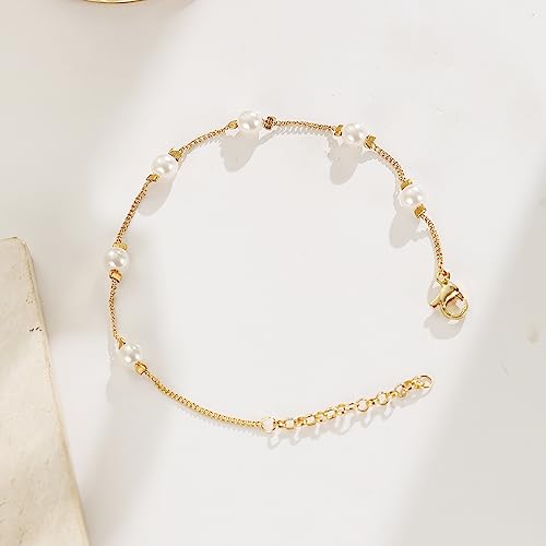 Collner Dainty Gold Bracelet for Women 14K Gold Plated Lightweight Chain Bracelet Herringbone Pearl Circle Bracelet Charm Minimalist Handmade Jewelry Gift