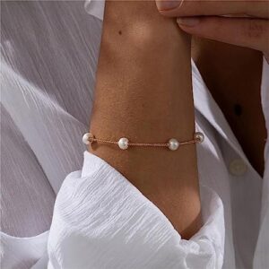 Collner Dainty Gold Bracelet for Women 14K Gold Plated Lightweight Chain Bracelet Herringbone Pearl Circle Bracelet Charm Minimalist Handmade Jewelry Gift