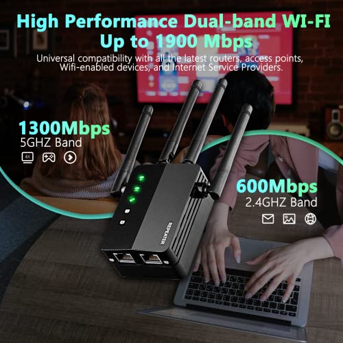WiFi Extender, WiFi Booster, Cover up to 12880 sq.ft & 105 Devices, 1200Mbps Wall-Through Strong WiFi Booster, Dual Band 2.4G and 5G, with Ethernet Port & AP Mode, 4 Antennas 360° Full Coverage