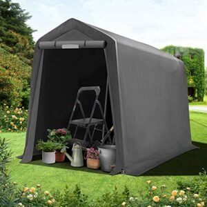 qzen 6x7ft outdoor storage shelter, all seasons portable storage shed with roll-up ventilated door, waterproof cover carport with heavy duty auger anchors for bike, motorcycle, garden tools