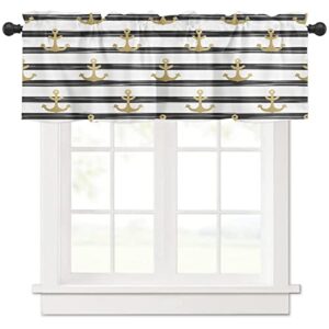mueninele kitchen curtain valance, gold anchor nautical black white stripes rod pocket window treatment decor curtains for living room bedroom, 54" w x 18" l, 1 panel