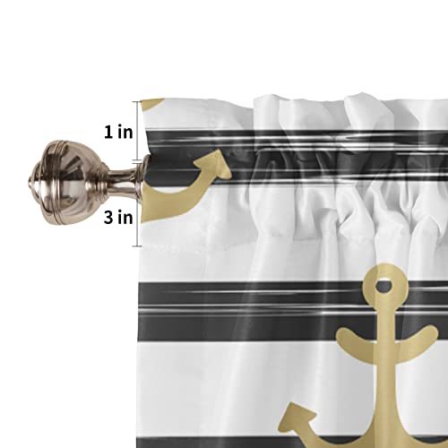 MUENINELE Kitchen Curtain Valance, Gold Anchor Nautical Black White Stripes Rod Pocket Window Treatment Decor Curtains for Living Room Bedroom, 54" W x 18" L, 1 Panel