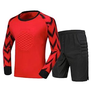 inhzoy boys goalkeeper football jersey top and shorts sponge pad protective soccer goalie keeper uniform kit agate red 8-10 years
