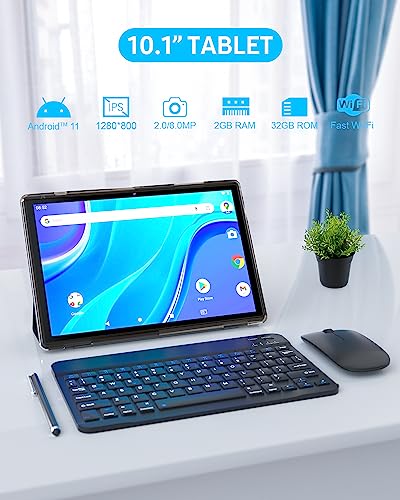 Tablet 2 in 1 Android 11 Tablets with Keyboard 10 inch Tabletas Include Mouse Stylus Tempered Film 6000mAh Tablet 2GB RAM 32GB ROM 512GB Expandable Tableta, 8MP Dual Camera, WiFi BT Google Tablet PC.