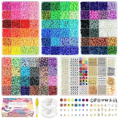 Velavior 15,000 pcs Clay Beads Bracelet Making Kit, 96 Colors Polymer Heishi Beads for Jewelry Making Kit 6mm Flat Round Beads with Letter Beads Charms Elastic Strings for Girls Preppy Craft Necklace