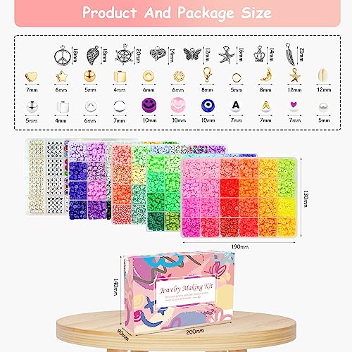 Velavior 15,000 pcs Clay Beads Bracelet Making Kit, 96 Colors Polymer Heishi Beads for Jewelry Making Kit 6mm Flat Round Beads with Letter Beads Charms Elastic Strings for Girls Preppy Craft Necklace