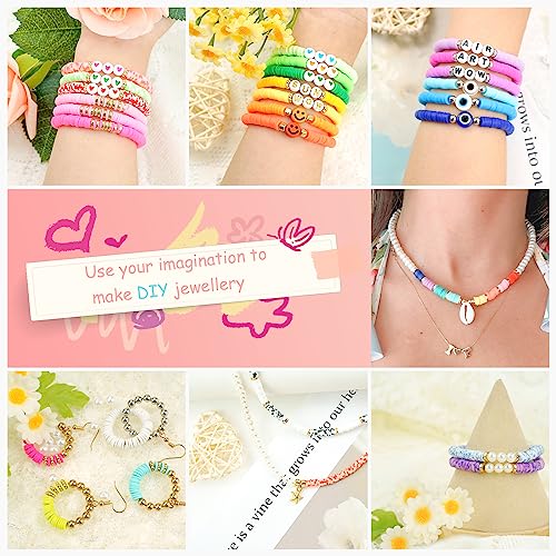 Velavior 15,000 pcs Clay Beads Bracelet Making Kit, 96 Colors Polymer Heishi Beads for Jewelry Making Kit 6mm Flat Round Beads with Letter Beads Charms Elastic Strings for Girls Preppy Craft Necklace