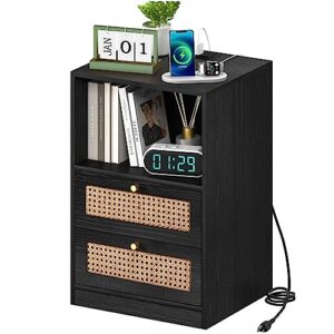 yoobure black nightstand with charging station, bed side table/night stand with drawers, modern nightstands with usb ports & outlets for bedroom, living room, home office