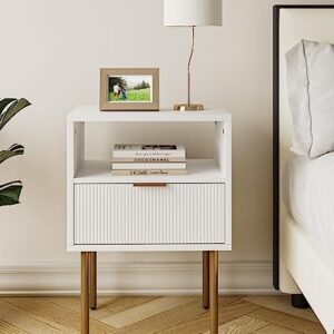 Aobafuir Nightstand, Drawer Dresser for Bedroom, Small Side Table with Drawer, Bedside Furniture, Night Stand, End Table with Gold Frame for Bedroom,Living Room,White