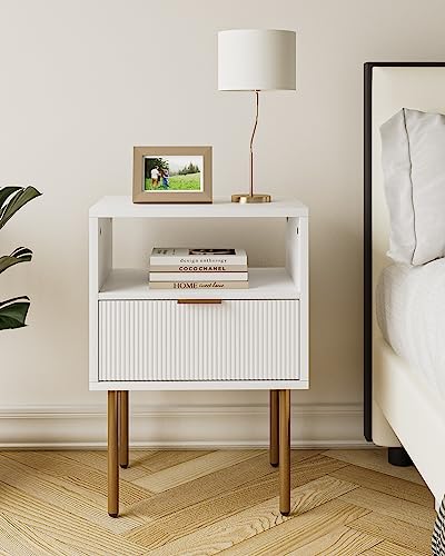 Aobafuir Nightstand, Drawer Dresser for Bedroom, Small Side Table with Drawer, Bedside Furniture, Night Stand, End Table with Gold Frame for Bedroom,Living Room,White