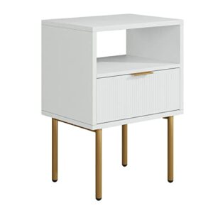 Aobafuir Nightstand, Drawer Dresser for Bedroom, Small Side Table with Drawer, Bedside Furniture, Night Stand, End Table with Gold Frame for Bedroom,Living Room,White