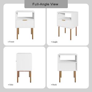 Aobafuir Nightstand, Drawer Dresser for Bedroom, Small Side Table with Drawer, Bedside Furniture, Night Stand, End Table with Gold Frame for Bedroom,Living Room,White