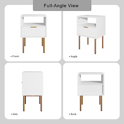 Aobafuir Nightstand, Drawer Dresser for Bedroom, Small Side Table with Drawer, Bedside Furniture, Night Stand, End Table with Gold Frame for Bedroom,Living Room,White