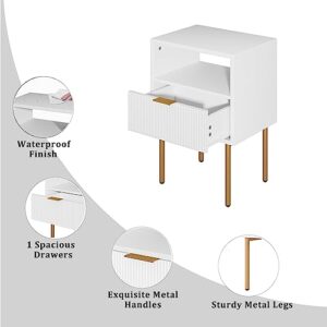 Aobafuir Nightstand, Drawer Dresser for Bedroom, Small Side Table with Drawer, Bedside Furniture, Night Stand, End Table with Gold Frame for Bedroom,Living Room,White