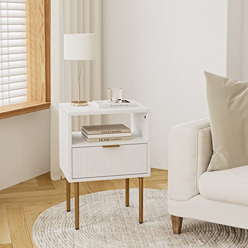 Aobafuir Nightstand, Drawer Dresser for Bedroom, Small Side Table with Drawer, Bedside Furniture, Night Stand, End Table with Gold Frame for Bedroom,Living Room,White