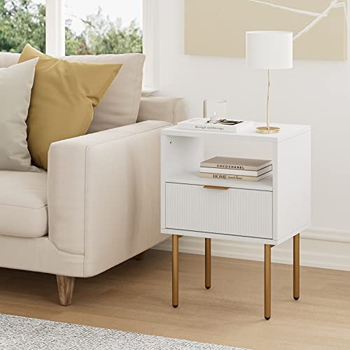 Aobafuir Nightstand, Drawer Dresser for Bedroom, Small Side Table with Drawer, Bedside Furniture, Night Stand, End Table with Gold Frame for Bedroom,Living Room,White