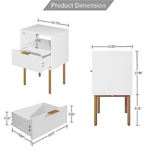 Aobafuir Nightstand, Drawer Dresser for Bedroom, Small Side Table with Drawer, Bedside Furniture, Night Stand, End Table with Gold Frame for Bedroom,Living Room,White