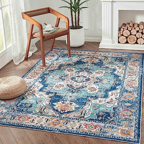 jinchan Area Rug 8x10 Persian Rug Vintage Rug Kitchen Floor Cover Traditional Rug Foldable Thin Rug Navy Blue Distressed Floral Print Indoor Mat for Doormat Bedroom Living Room