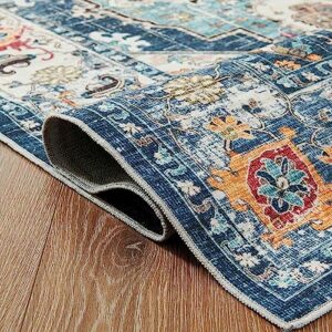 jinchan Area Rug 8x10 Persian Rug Vintage Rug Kitchen Floor Cover Traditional Rug Foldable Thin Rug Navy Blue Distressed Floral Print Indoor Mat for Doormat Bedroom Living Room