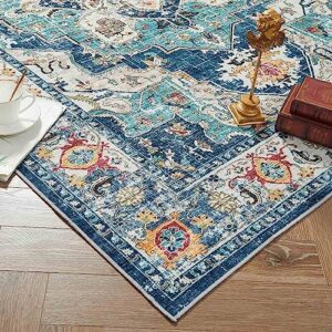 jinchan Area Rug 8x10 Persian Rug Vintage Rug Kitchen Floor Cover Traditional Rug Foldable Thin Rug Navy Blue Distressed Floral Print Indoor Mat for Doormat Bedroom Living Room