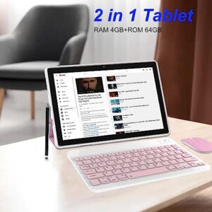 2023 Newest Tablet with Keyboard, 10 inch 2 in 1 Tablets, Android 11 1.8Ghz Quad-Core Processor, 64GB ROM+4GB RAM+512GB Expend Tableta, Case/Mouse/Stylus/8MP Camera/6000mAh Battery/1280x800 HD Display