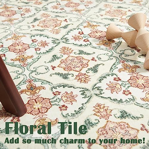 jinchan Area Rug 8x10 Vintage Washable Rug Floral Rug Living Room Persian Rug Non Slip Accent Rug Retro Soft Thin Rug Floor Cover Carpet for Bedroom Dining Room Kitchen Decor Cream Red Green Multi