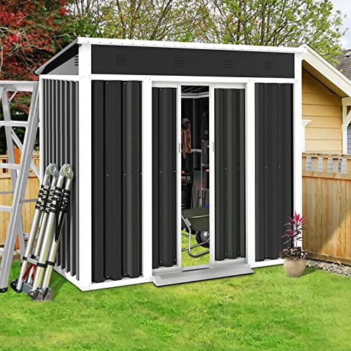 SUNCROWN 4x6 Ft Outdoor Storage Shed Galvanized Steel Garden Shed Tool House with Sliding Door - Grey