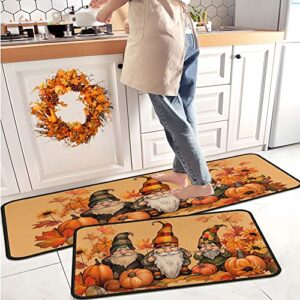 fall gnome pumpkin decorative kitchen rugs and mats set of 2, fall thanksgiving gnome sunflower maple leaves seasonal decorative kitchen mat 17"x47"+17"x30"