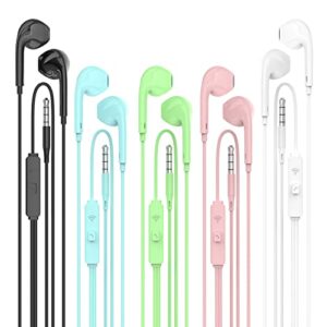 earbuds wired with microphone pack of 5, noise isolating wired earbuds, earphones with powerful heavy bass stereo, compatible with any devices with 3.5mm interface