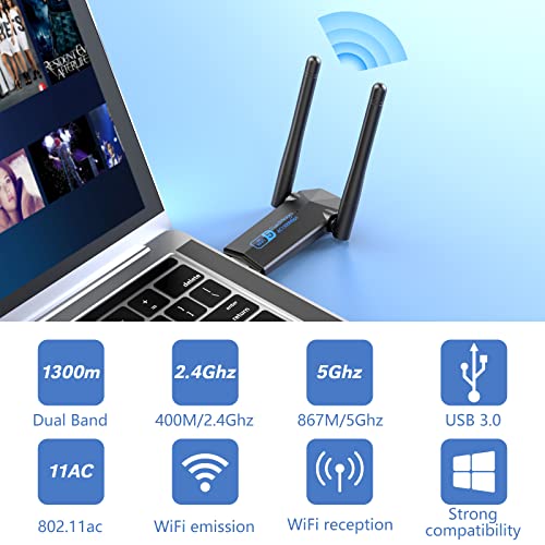 USB WiFi Adapter, ElecMoga 1300Mbps WiFi Dongle USB 3.0 Dual Band 5G/2.4G Wireless Network Adapter for Desktop Laptop PC, Dual 5dBi Antennas, Supports Windows 11/10/8.1/8/7, Mac OS 10.9-10.15