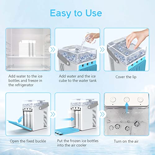 Portable Air Conditioners, 4 in 1 Rechargeable Mini Air Conditioner Evaporative Personal Cooler Humidifier, 3 Speeds Mini AC Desktop Cooling Fan for Office Tent Bedroom