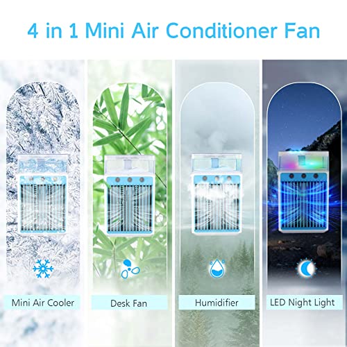 Portable Air Conditioners, 4 in 1 Rechargeable Mini Air Conditioner Evaporative Personal Cooler Humidifier, 3 Speeds Mini AC Desktop Cooling Fan for Office Tent Bedroom