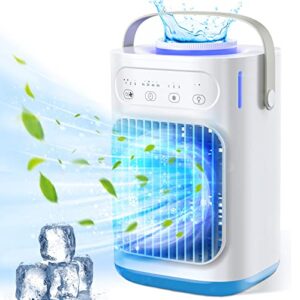 portable air conditioners, mini air conditioner portable for room with 3 speeds, 7 colors led light, 2 spray humidity personal evaporative cooler, 1-8h timer cooling fan for room, office, outdoor