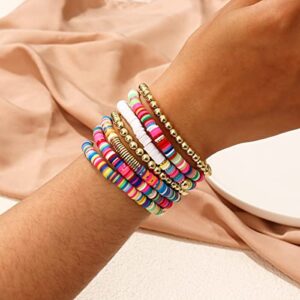 DIMISHIN Heishi Bracelet for Women Clay Bead Bracelet Stackable Beaded Stretch Bracelet Elastic Layered Colorful Beaded Bracelet Set (Colorful 7pc)