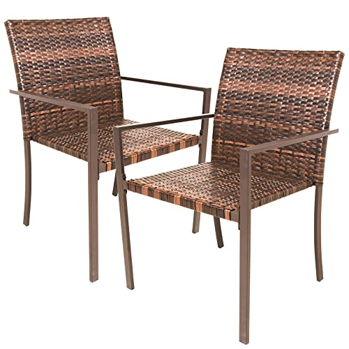 Mxfurhawa Patio Dining Chairs Set of 2 Outdoor PE Stackable Wicker Chairs Quick Dry Outdoor Arm Chairs for Backyard Lawn & Garden All-Weather Resistant, Brown