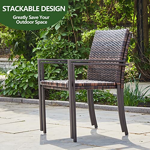 Mxfurhawa Patio Dining Chairs Set of 2 Outdoor PE Stackable Wicker Chairs Quick Dry Outdoor Arm Chairs for Backyard Lawn & Garden All-Weather Resistant, Brown