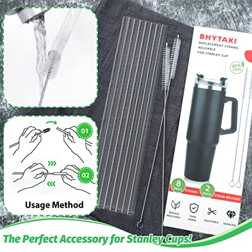 8Pcs Stanley Straws Replacement, 8Pcs Stanley Cup Straws with 2 Cleaning Brushes, Reusable Straws Compatible with Stanley 14/20/30/40 Oz Cup, Plastic Clear Straw Stanley Cup Accessories