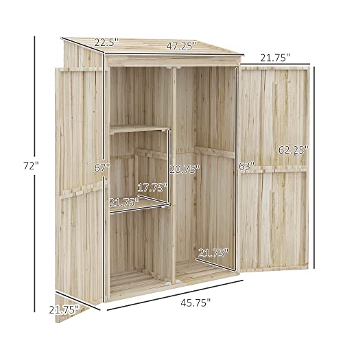 Outsunny Outdoor Storage Cabinet with 3 Shelves, Wooden Garden Shed with Magnetic Double Doors, Tall Vertical Tool Storage for Lawn Care Equipment, 47.25" x 22.5" x 72", Natural