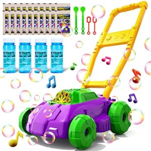 purple and green bubble lawn mower for toddlers, bubble makers for kids, summer outdoor backyard gardening toys, birthday gifts for preschool boys girls